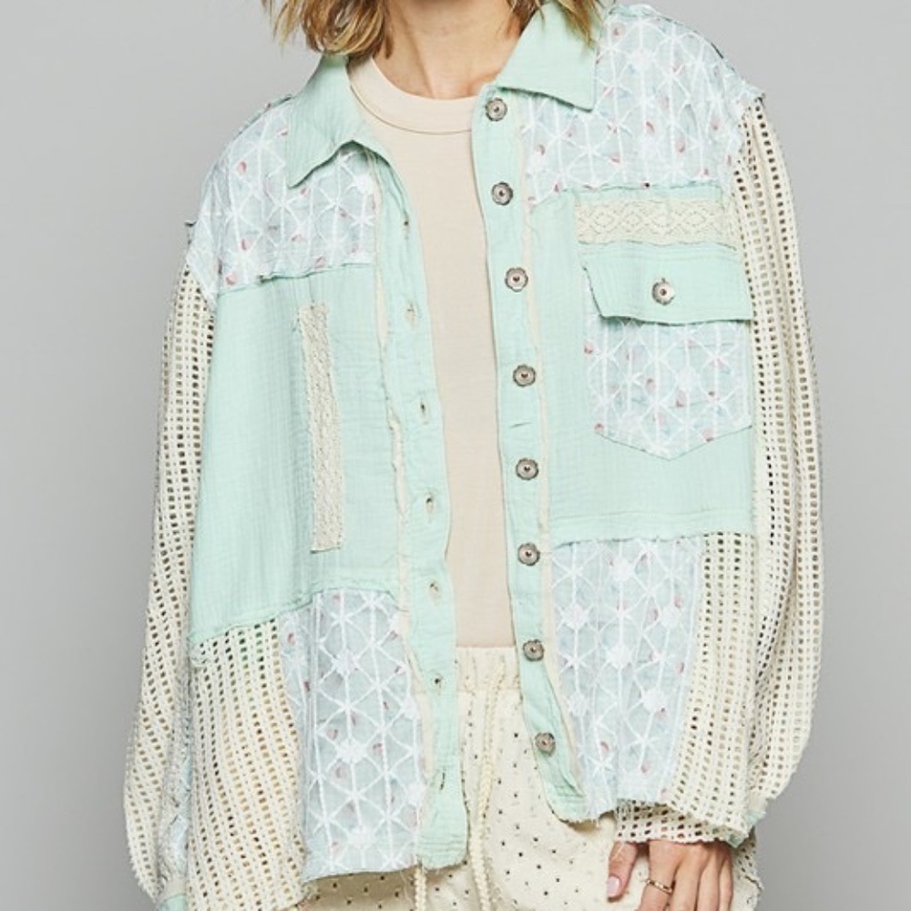 POL Lace Trim Crochet Button Up Denim Jacket